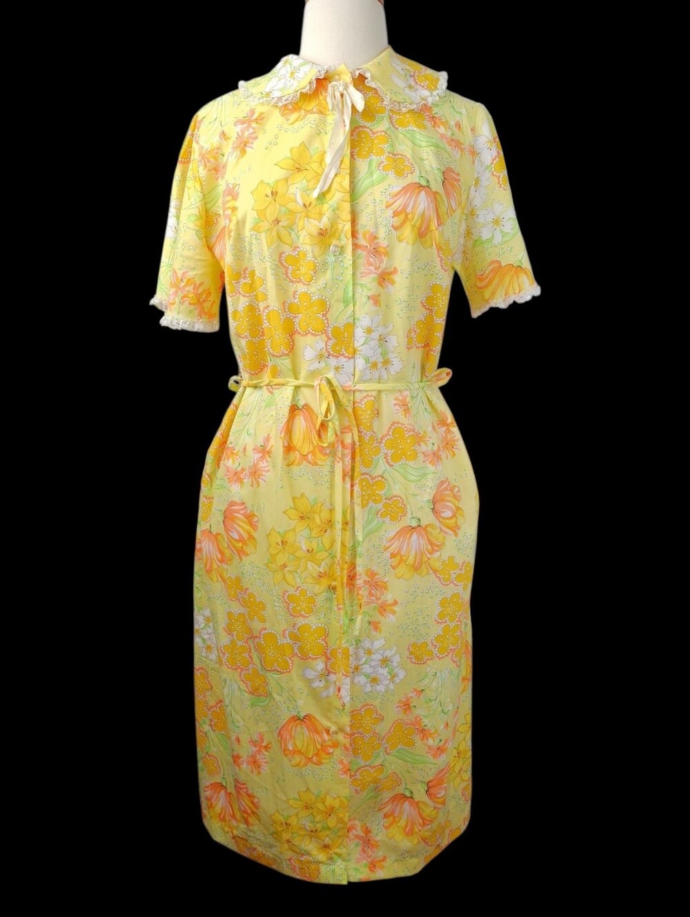 Vintage 60s 70s Floral Midi House Dress SM Lace Cottagecore Prairie Grannycore